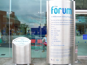Image of signs in front of the Forum in Norwich